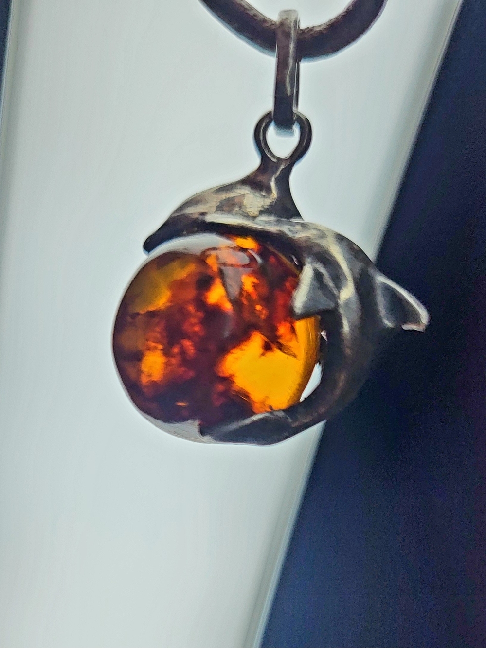 Italian 925 Sterling Silver Dolphin Natural Baltic Amber Pendant Necklace